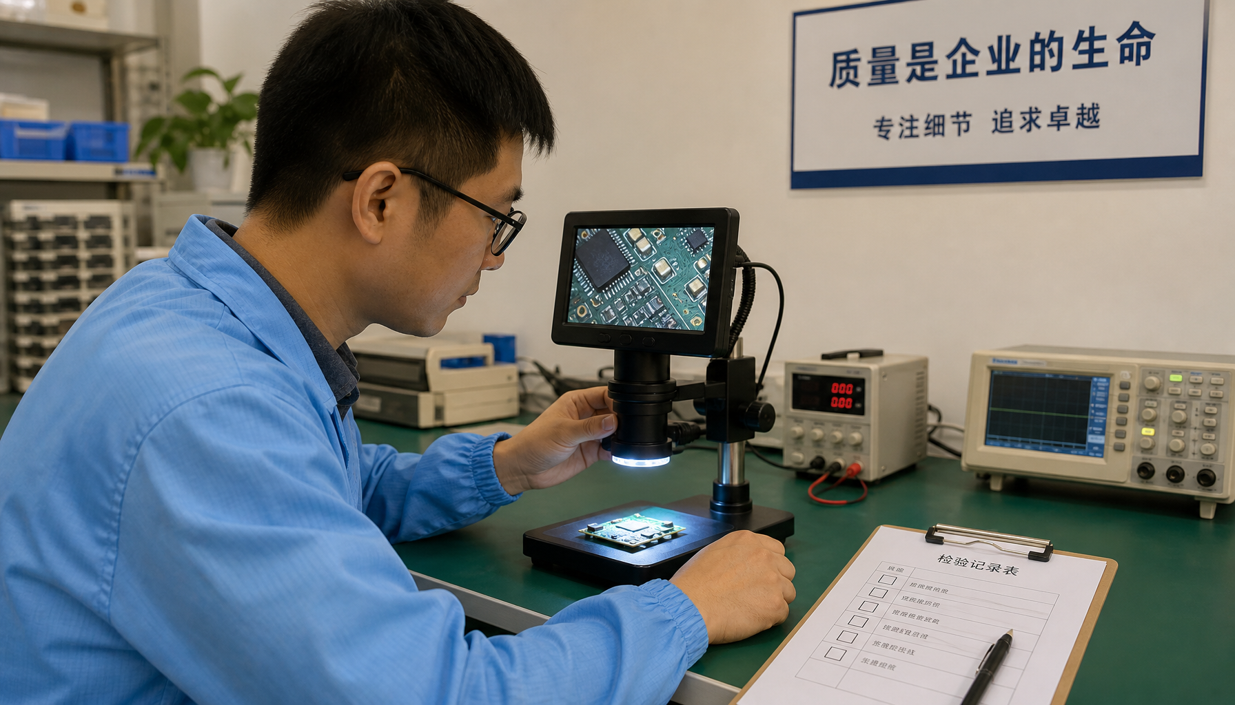 Quality engineer inspecting electronic components with digital microscope during factory audit in China manufacturing facility