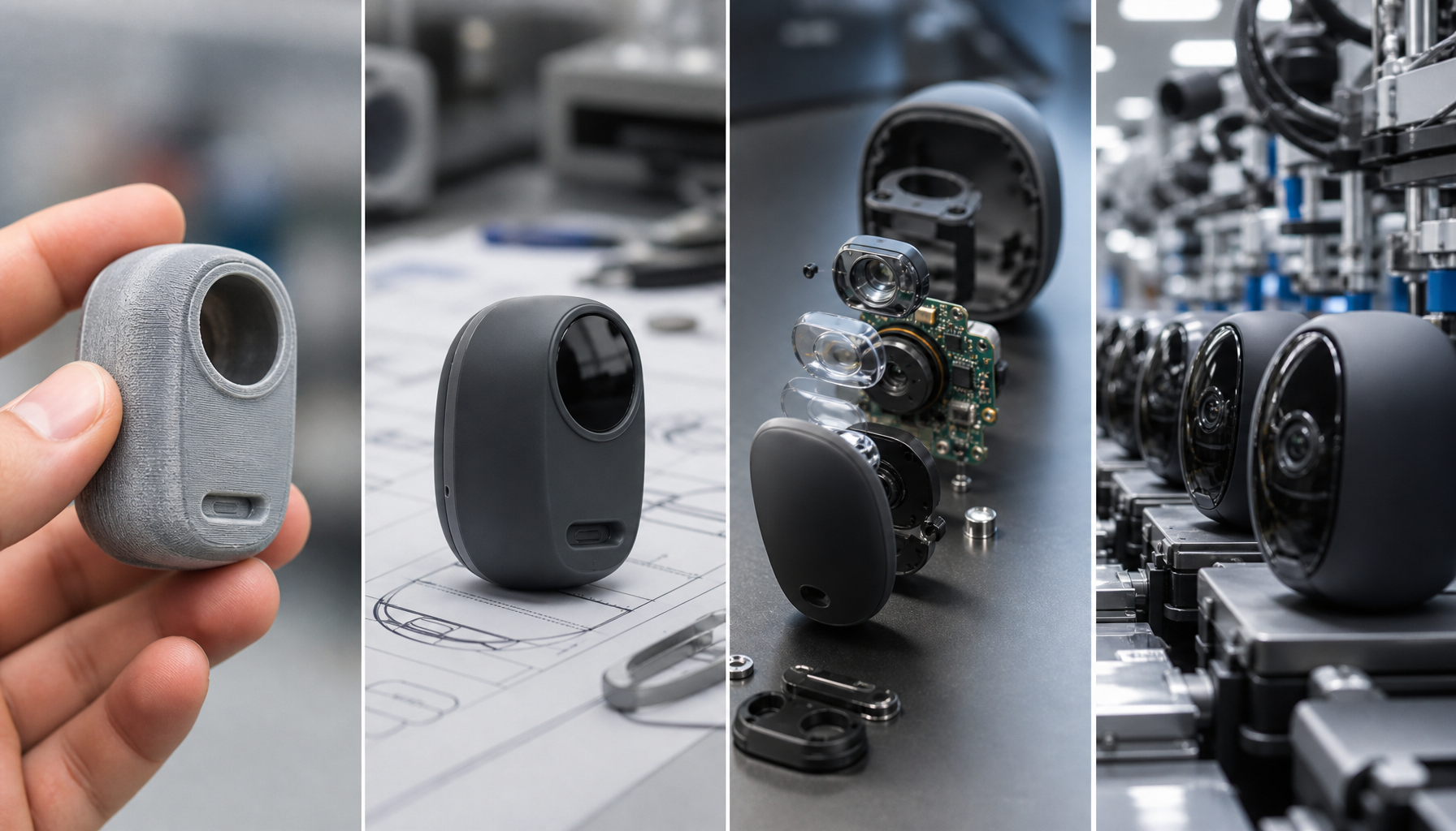 Hardware product journey from prototype 3D print to finished mass production on assembly line