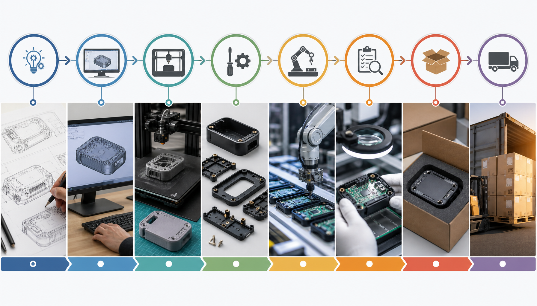 Practical NPI guide showing hardware product at various manufacturing stages from prototype to shipping