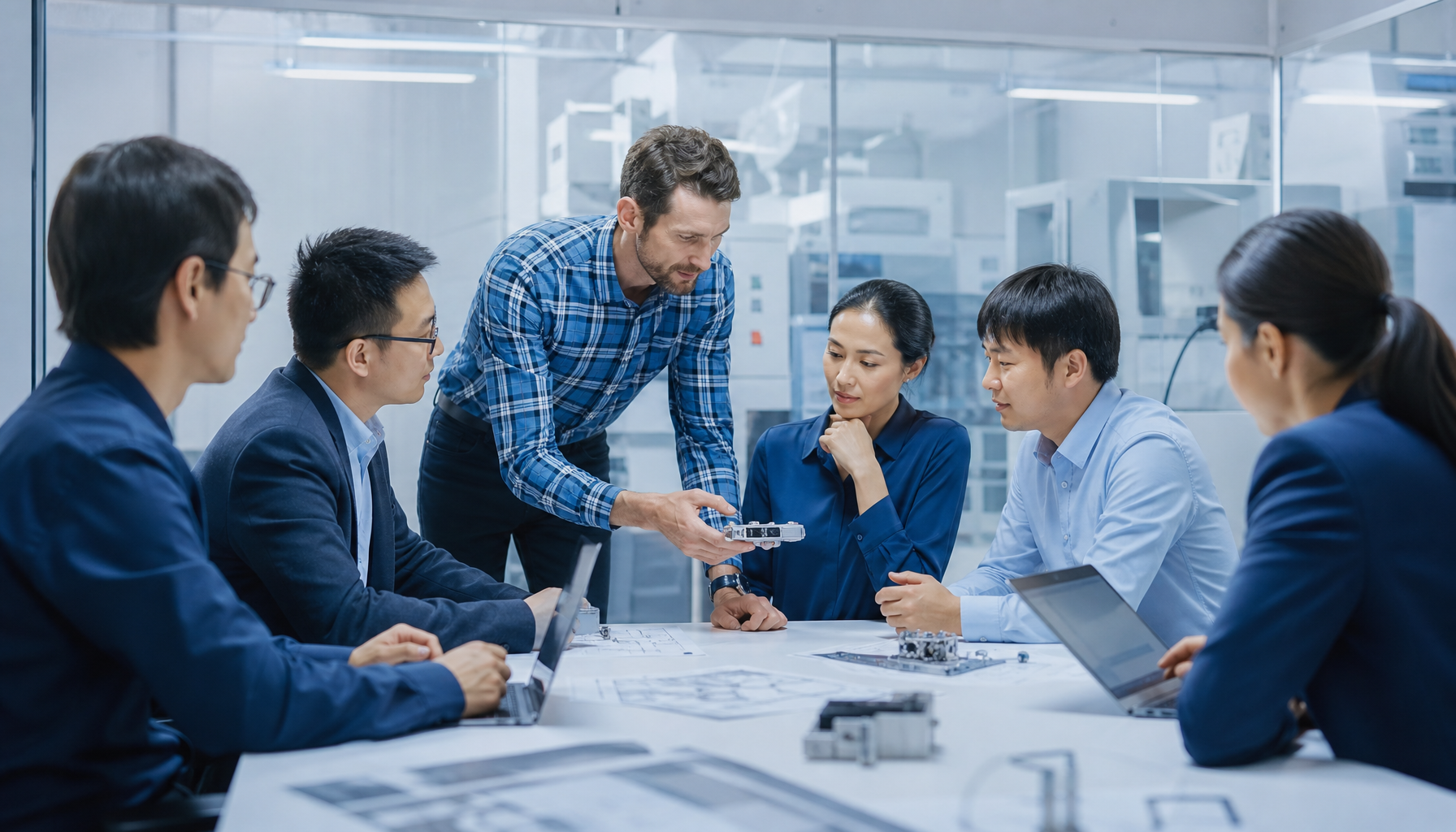 Hardware startup team collaborating with Chinese manufacturer in modern factory meeting room