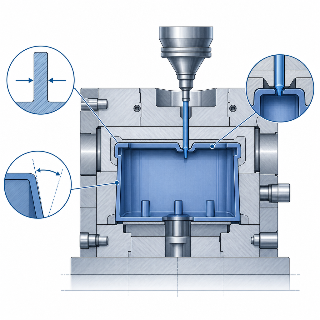 Injection moulding cross-section illustration for DFM guide showing mold cavity and part formation