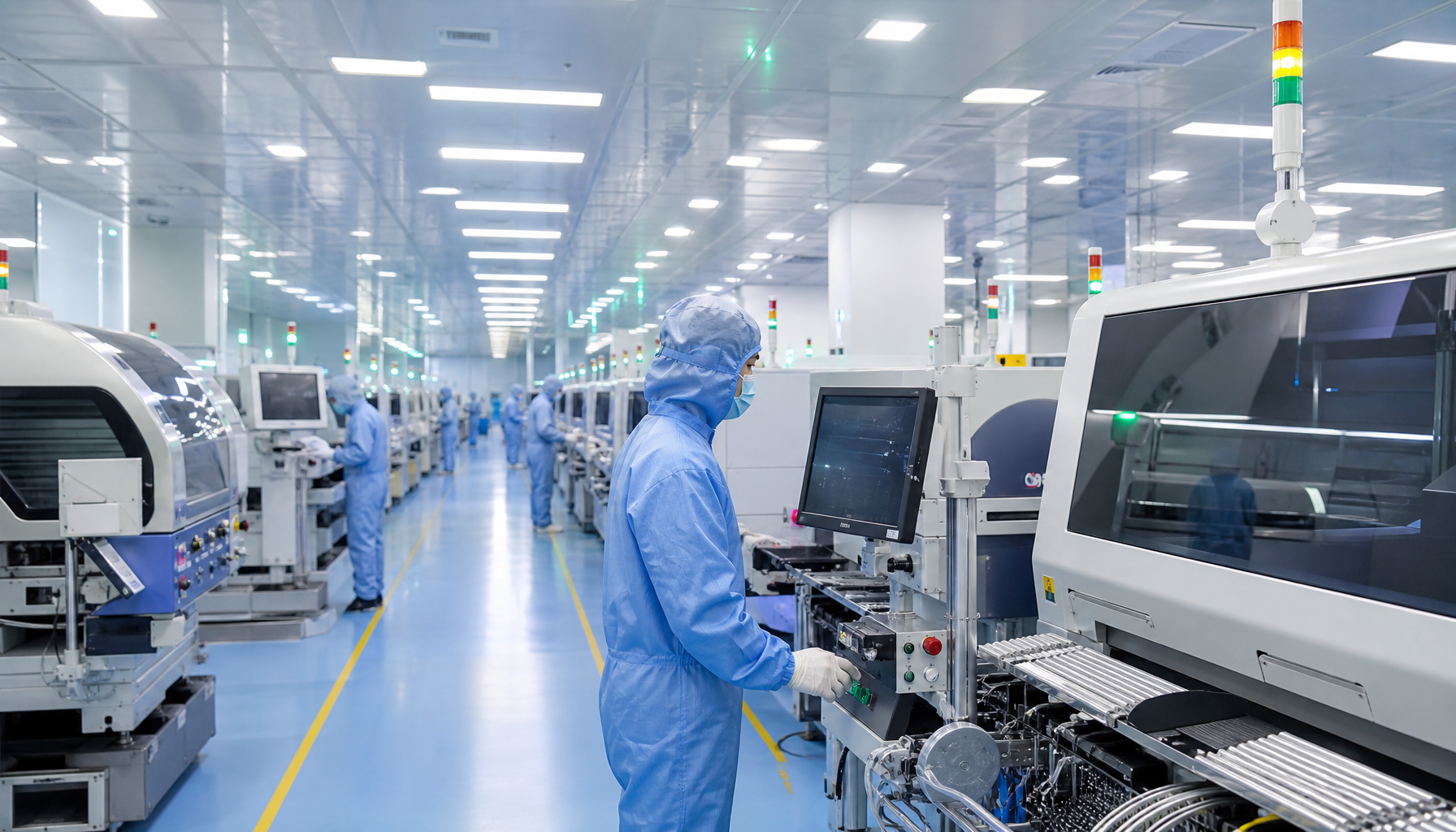 Modern Chinese electronics factory interior with automated assembly lines and workers in cleanroom suits, professional industrial photography