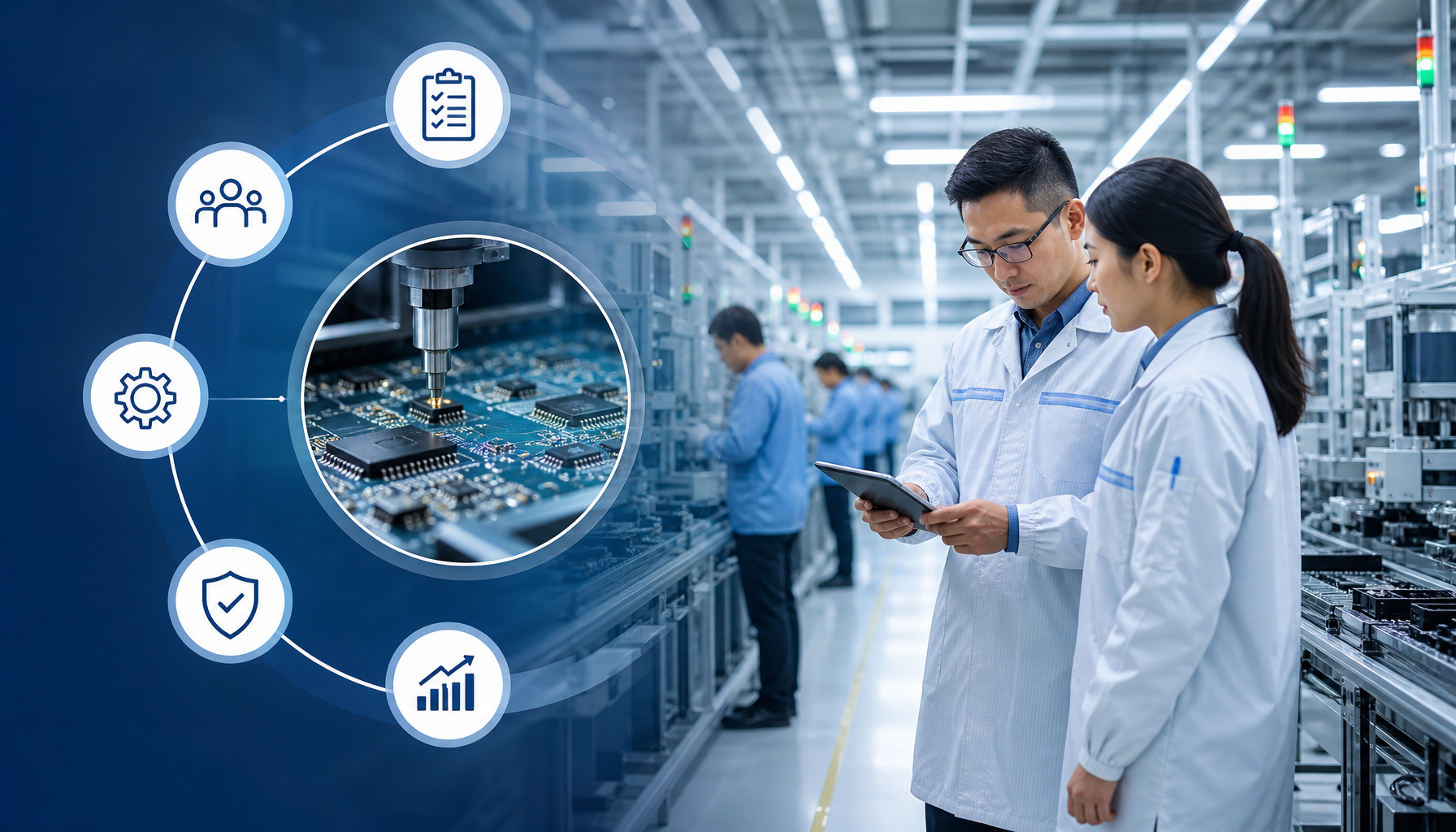 Hardware NPI project management concept with five key mass production factors checklist