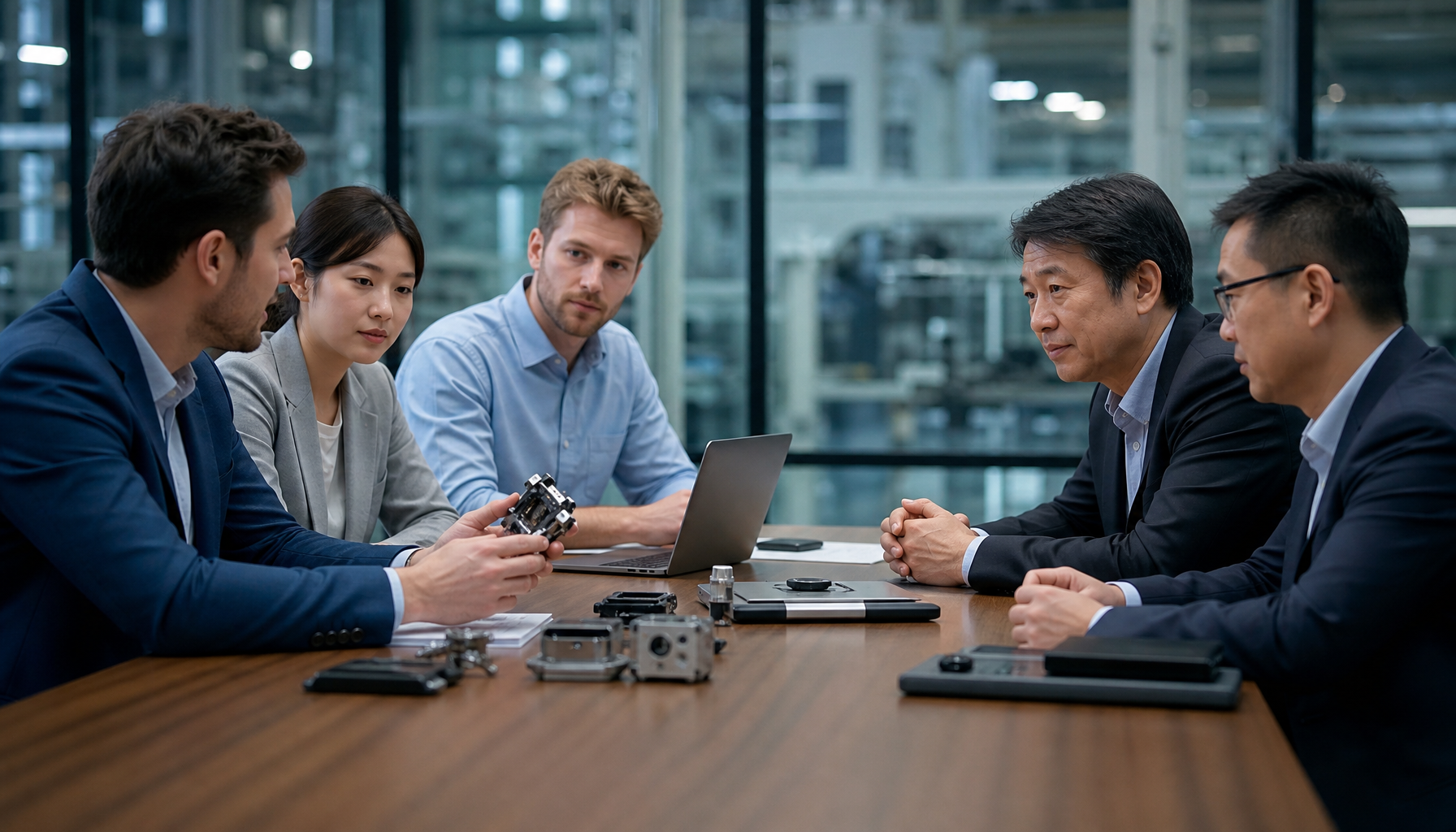 Manufacturing negotiation between hardware startup team and Chinese factory management