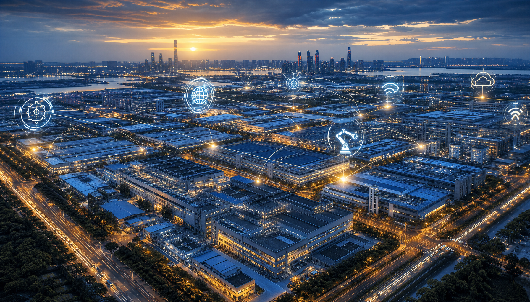 China manufacturing epicenter aerial view of Shenzhen factory district with innovation overlays