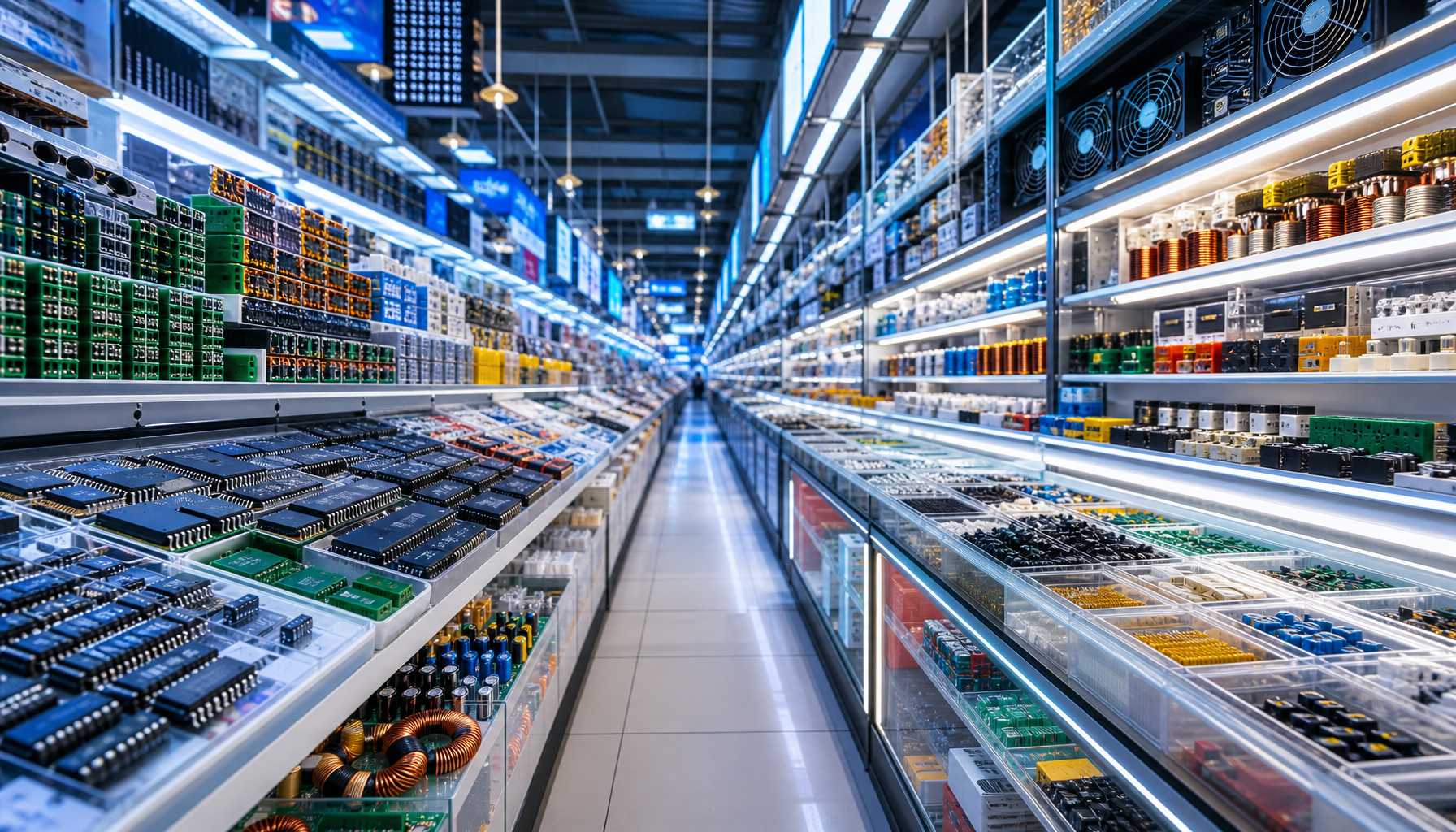 Chinese electronics component ecosystem showing organized shelves of hardware parts and components