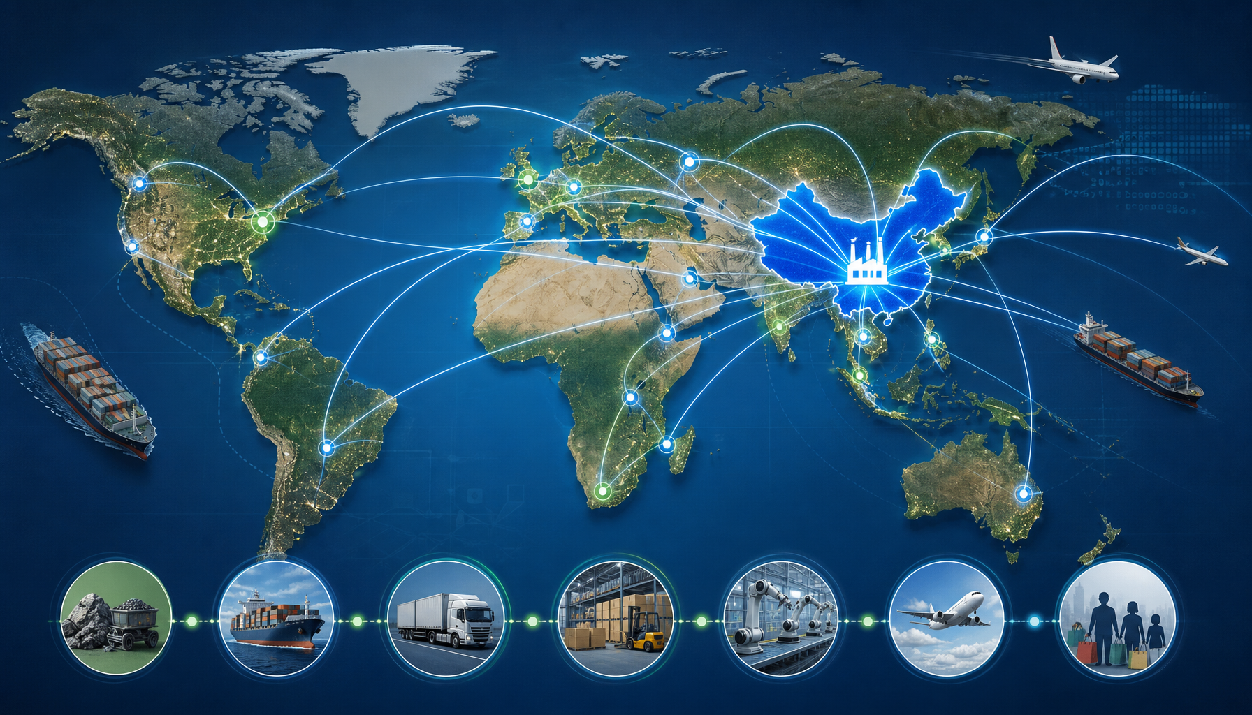 World map concept showing China as ultimate manufacturing hub with global supply chain network