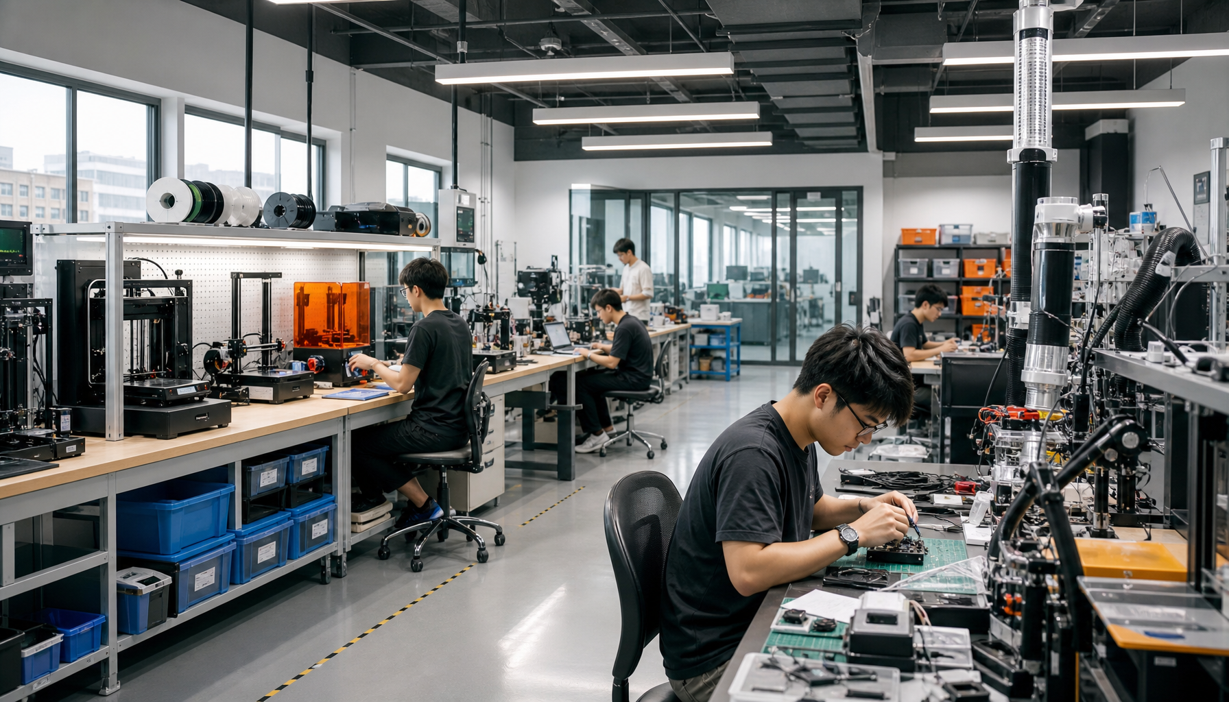 Shenzhen hardware prototyping workshop with 3D printers and engineering workbenches