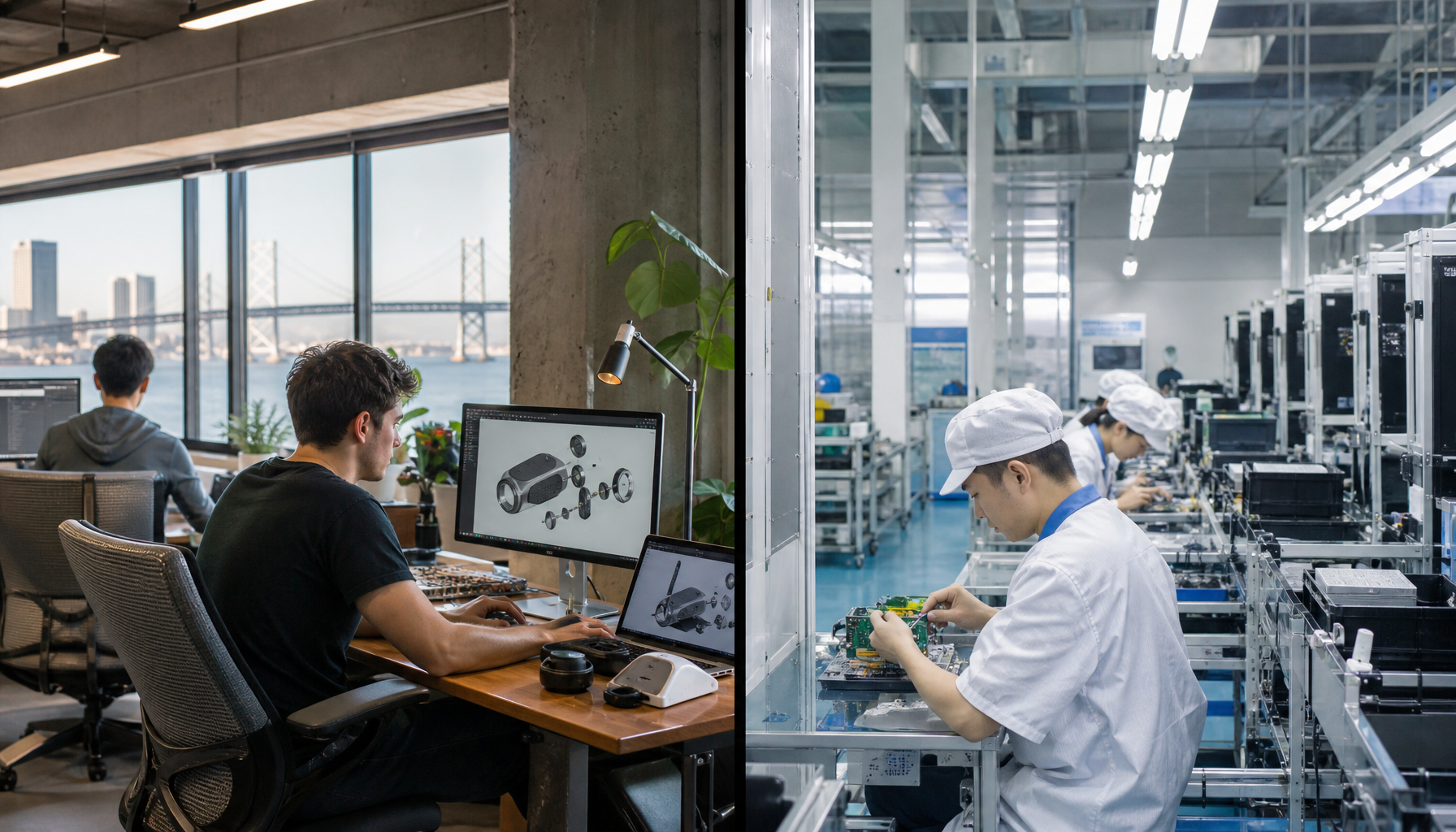 Global hardware innovation concept showing Silicon Valley startup culture and Shenzhen manufacturing connection