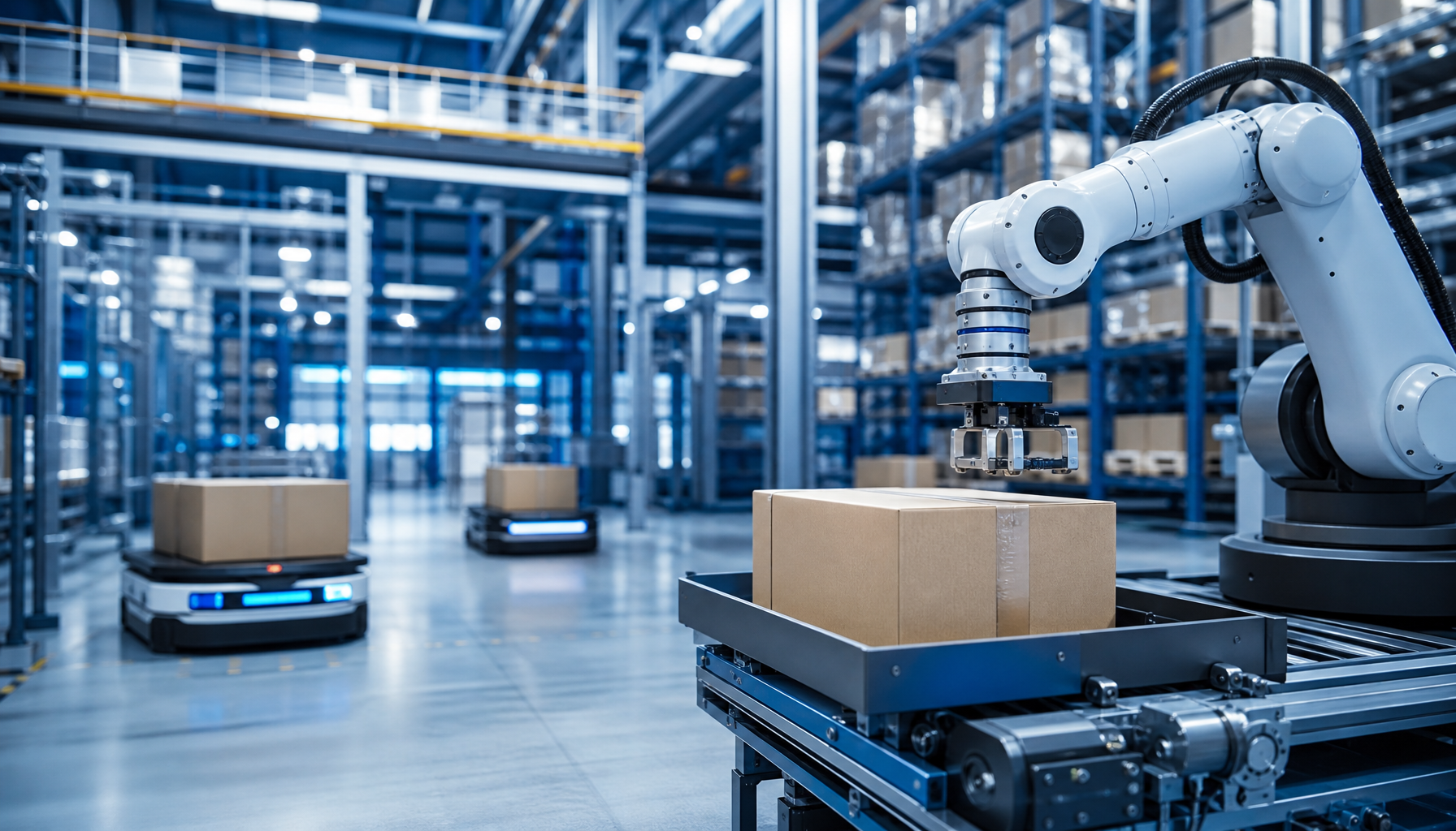 Modern supply chain logistics and warehouse distribution automation concept