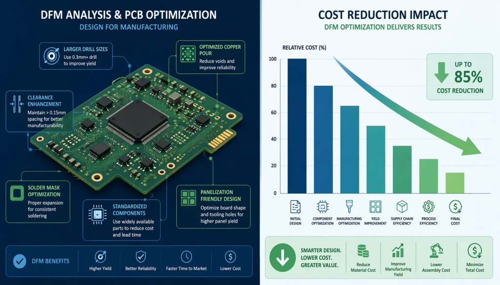 DFM engineering PCB diagram with cost reduction chart showing optimization analysis