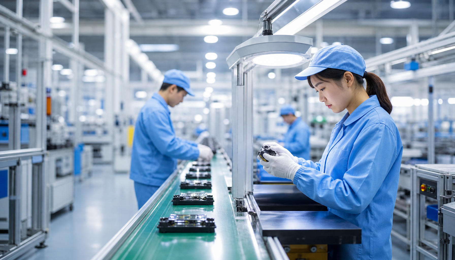 Chinese factory production line with quality inspection checkpoint in manufacturing flow