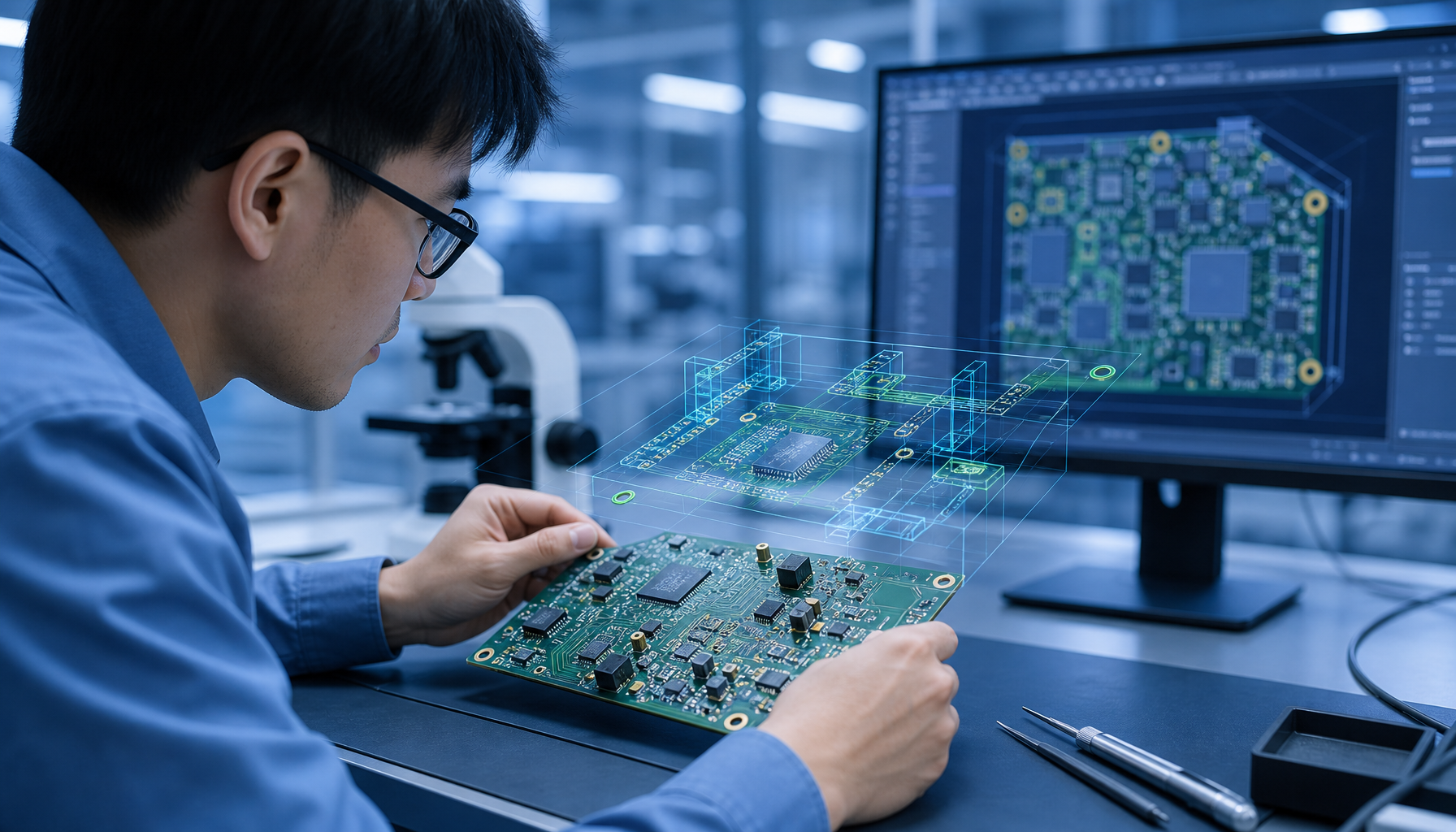 Design for manufacturability DFM review with engineer examining hardware prototype and CAD design