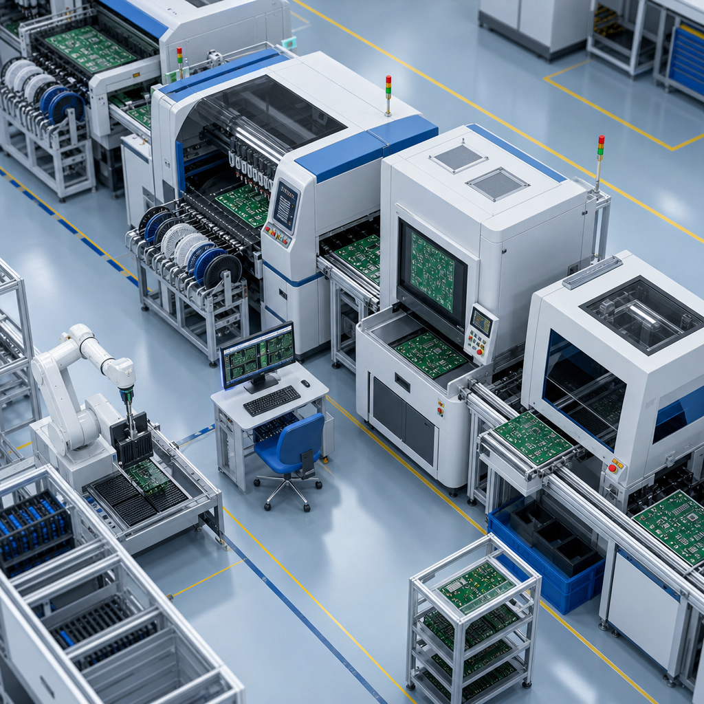 PCB assembly line with pick-and-place machines in electronics manufacturing facility