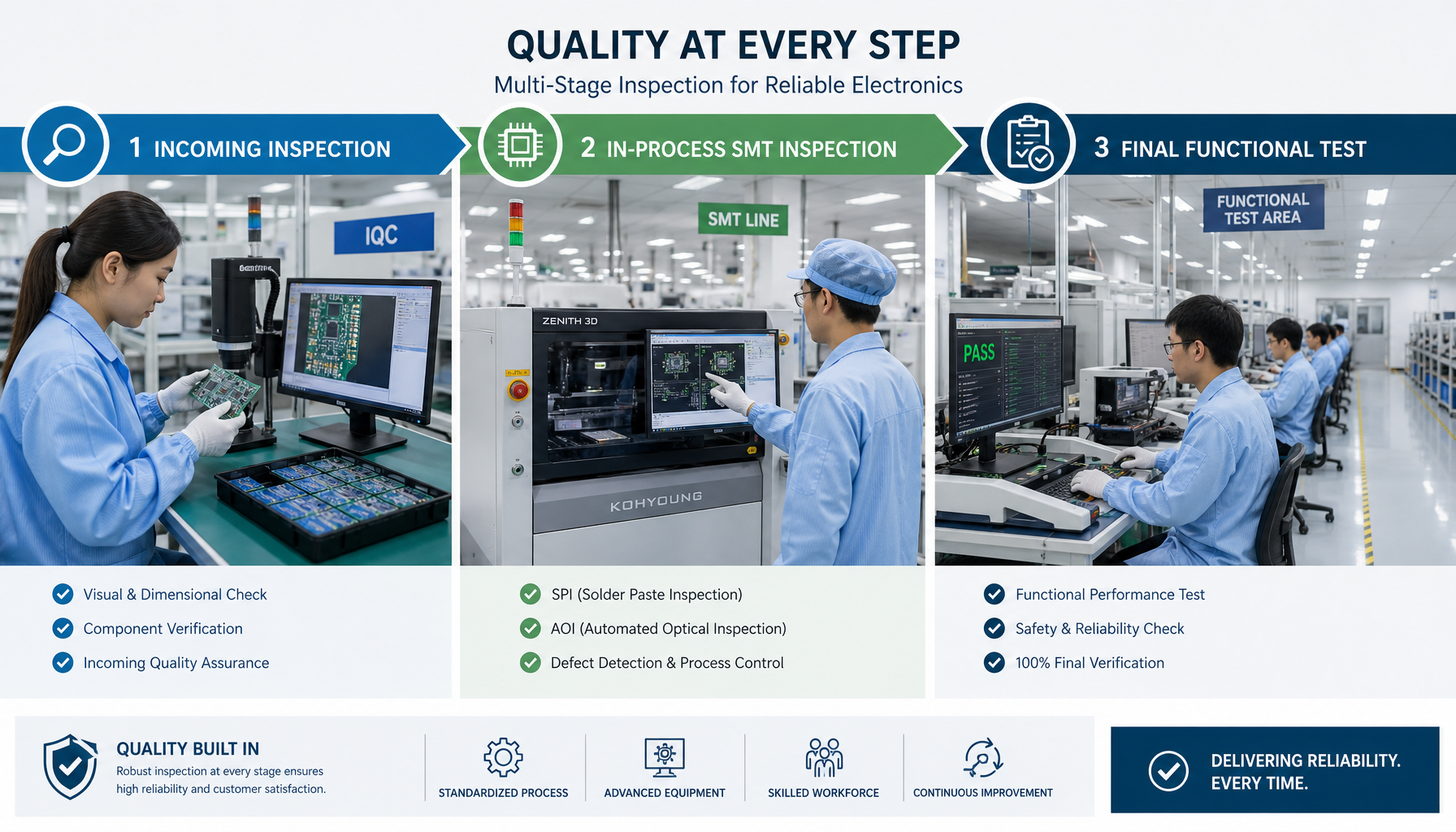 Multiple quality control checkpoints in electronics manufacturing factory in China from incoming inspection to functional testing