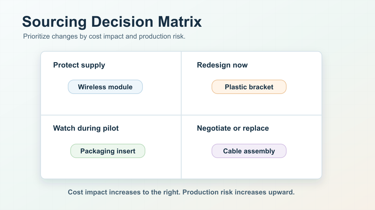 Sourcing decision matrix for BOM cost review findings