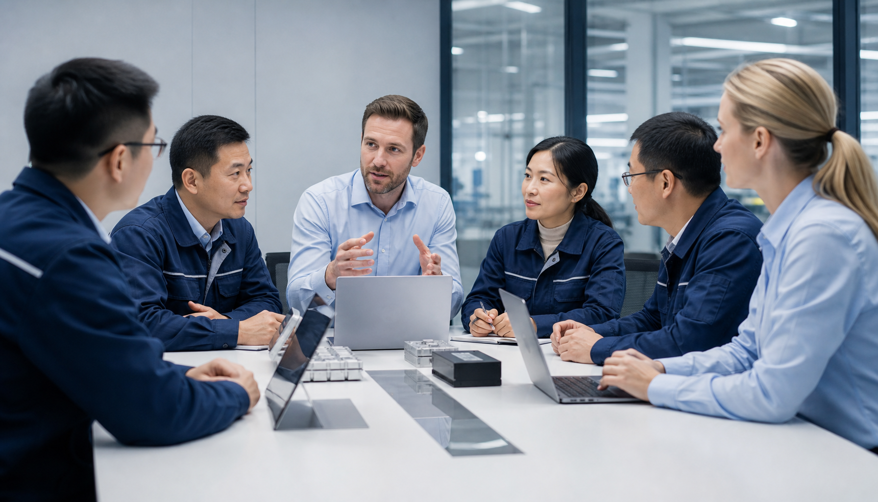 Hardware startup team in business meeting with Chinese factory managers discussing manufacturing partnership