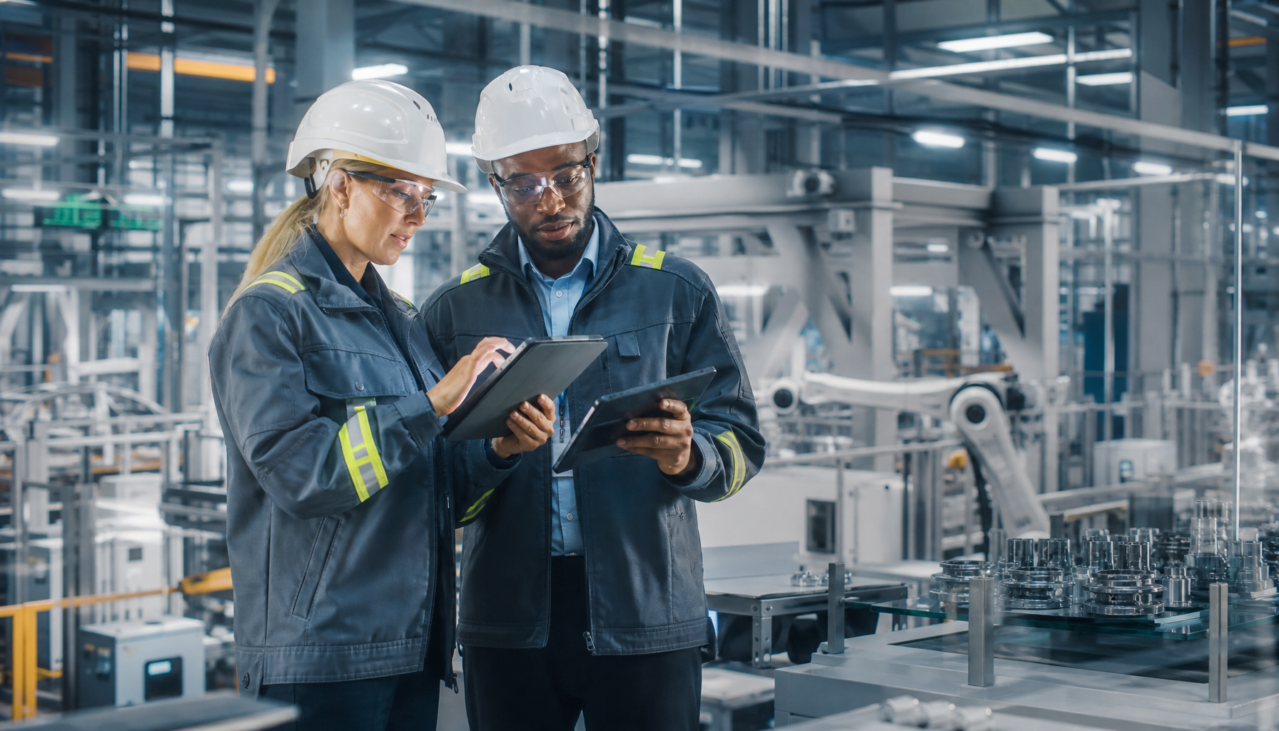 Factory quality inspection and process optimization with workers reviewing production data
