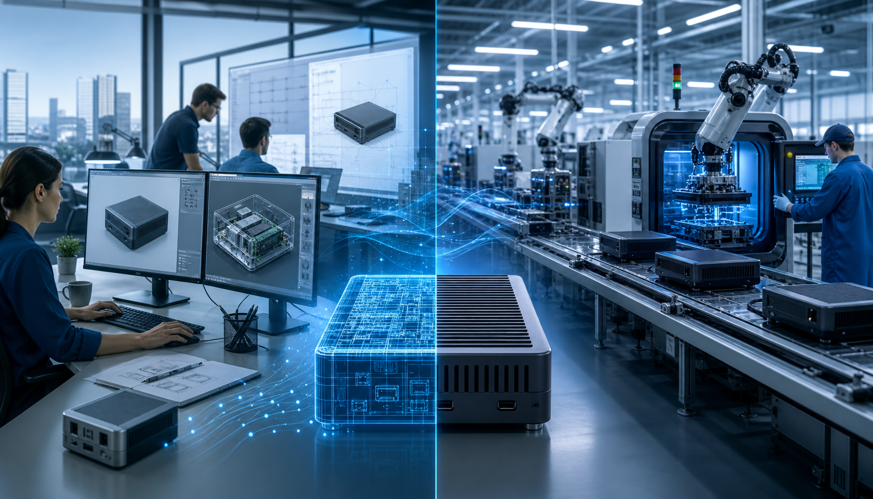 Hybrid manufacturing strategy concept showing hardware startup design studio connecting with factory production
