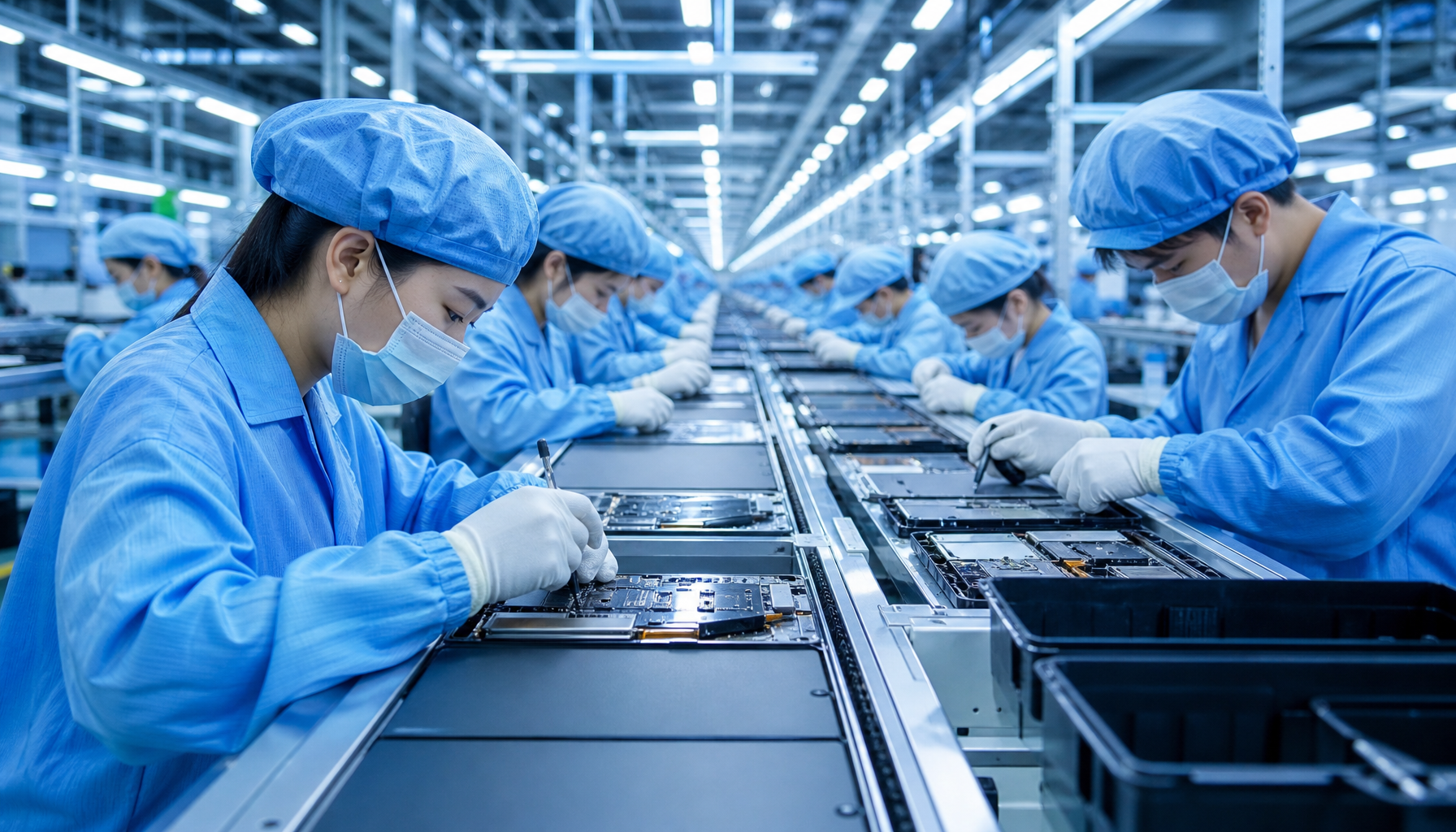 Chinese manufacturing assembly line producing consumer electronics at scale with modern efficiency