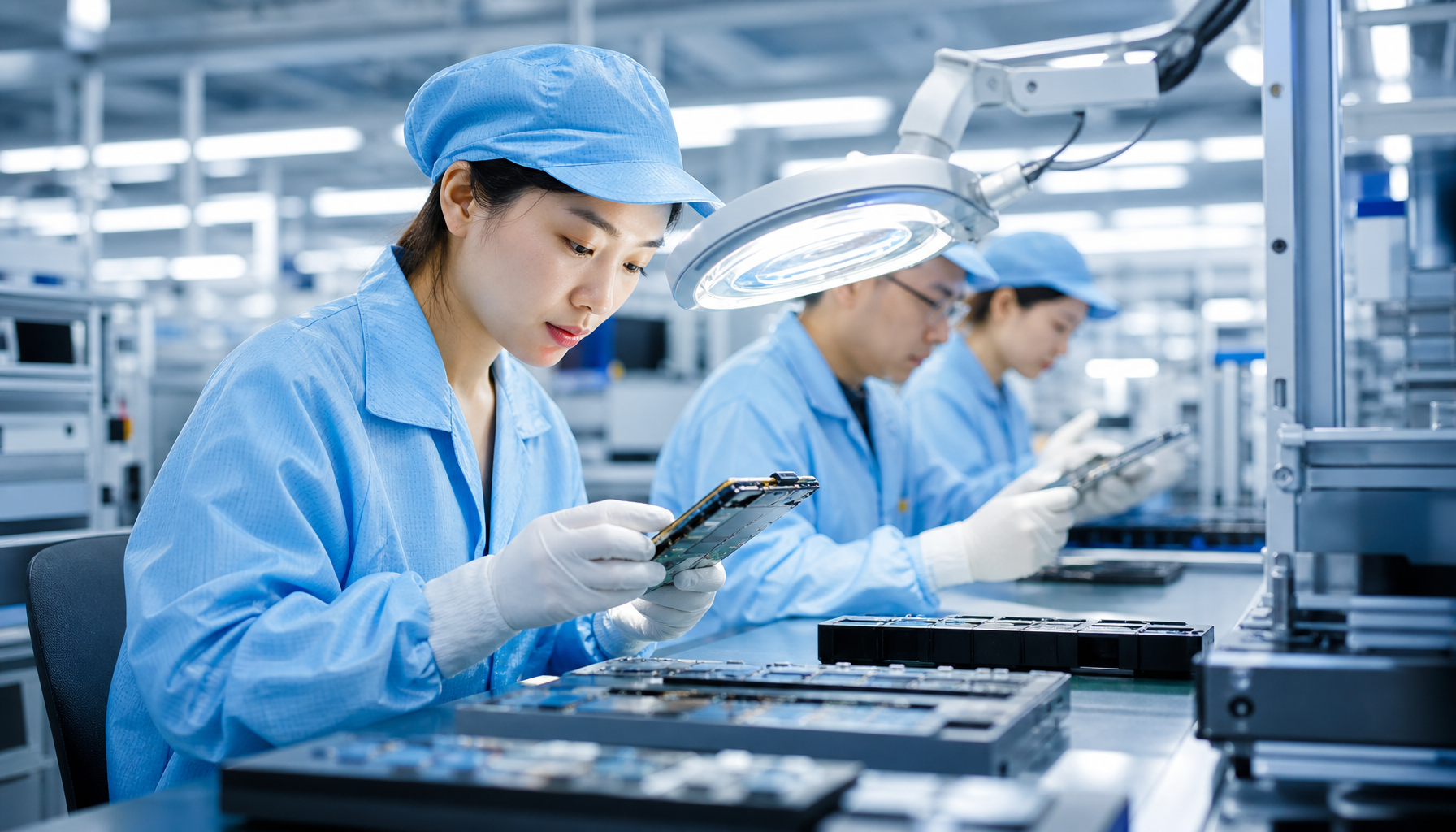 Chinese quality control team inspecting electronics products