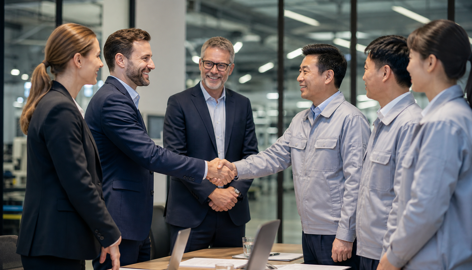 Cross-cultural business negotiation and partnership between Western founders and Chinese factory managers