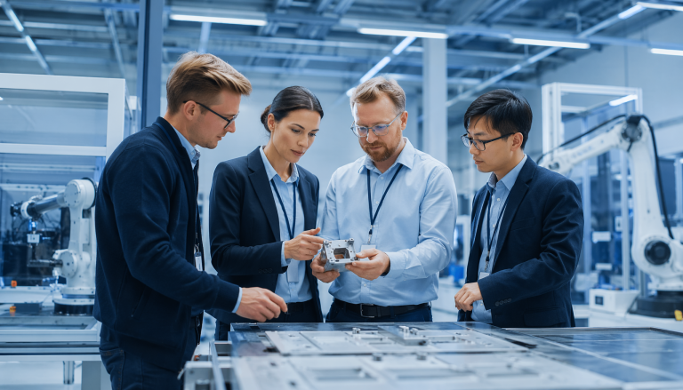 Hardware manufacturing and NPI process scene, professional industrial photography