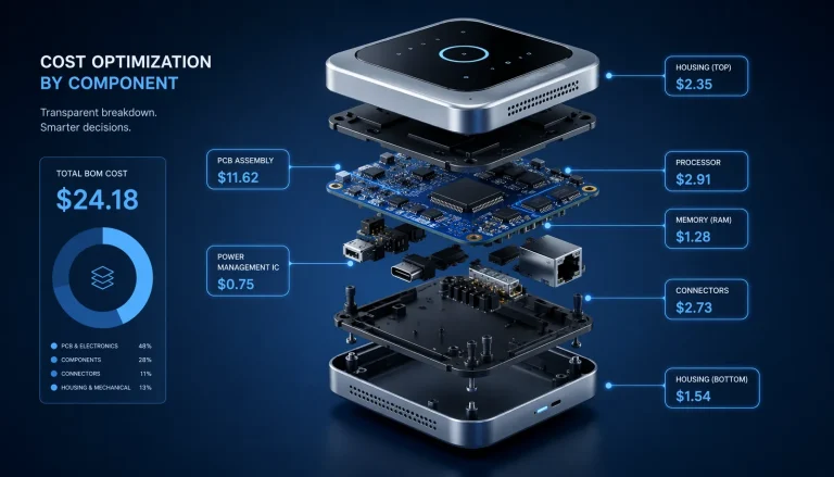 BOM cost optimization exploded view of smart hardware product components with price tags