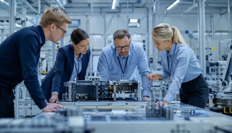 Hardware manufacturing and NPI process scene, professional industrial photography