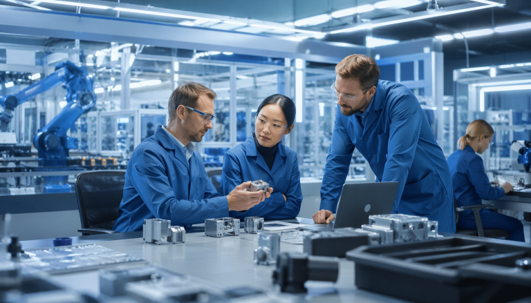 Hardware manufacturing and NPI process scene, professional industrial photography