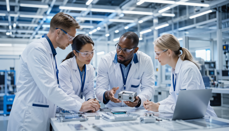 Hardware manufacturing and NPI process scene, professional industrial photography
