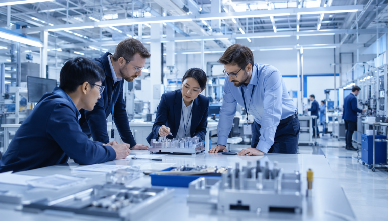Hardware manufacturing and NPI process scene, professional industrial photography