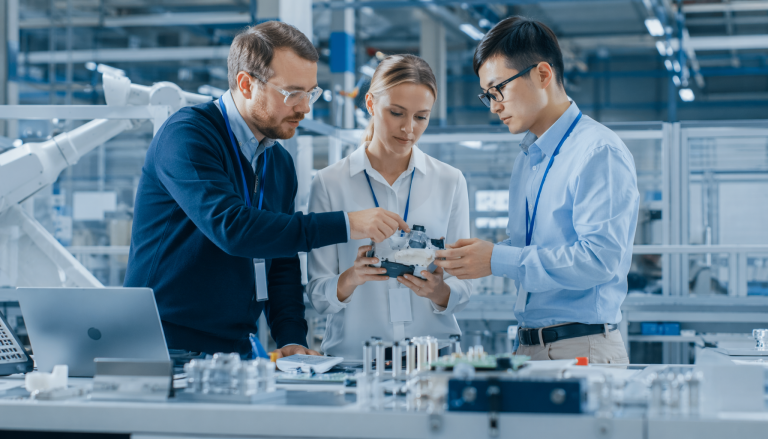 Hardware manufacturing and NPI process scene, professional industrial photography