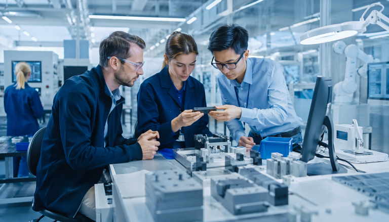 Hardware manufacturing and NPI process scene, professional industrial photography