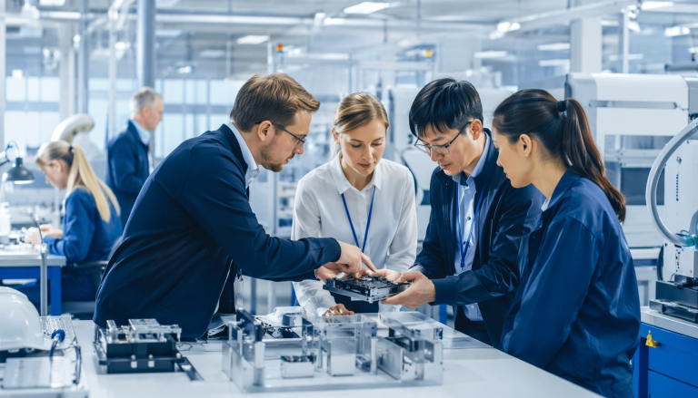Hardware manufacturing and NPI process scene, professional industrial photography