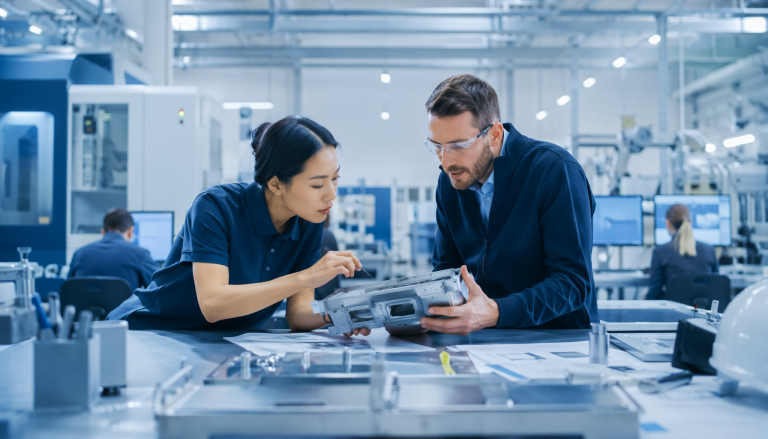 Hardware manufacturing and NPI process scene, professional industrial photography