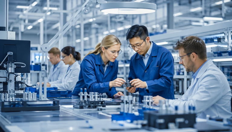 Hardware manufacturing and NPI process scene, professional industrial photography