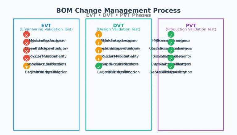 BOM change management process diagram showing EVT DVT and PVT phases