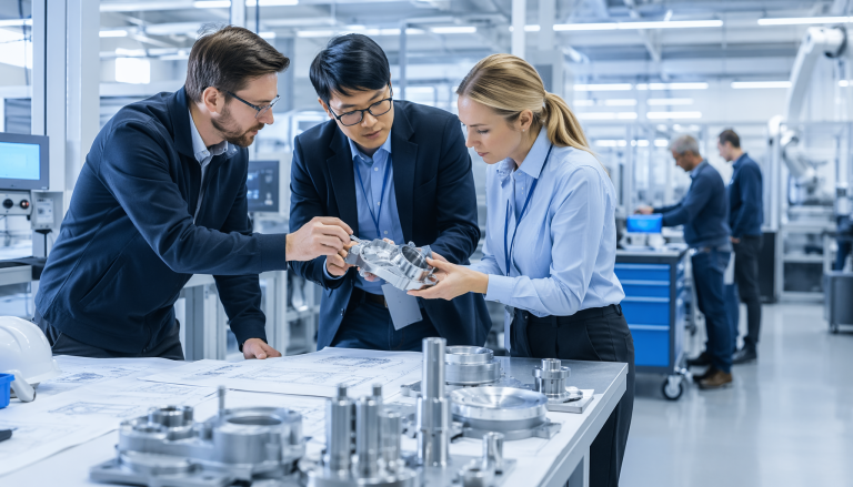 Hardware manufacturing and NPI process scene, professional industrial photography