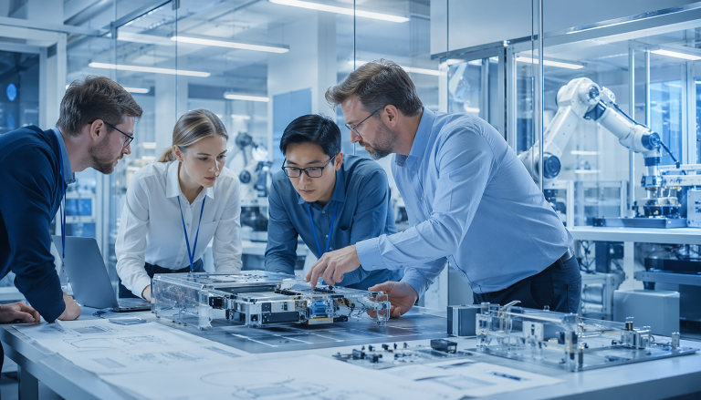 Hardware manufacturing and NPI process scene, professional industrial photography