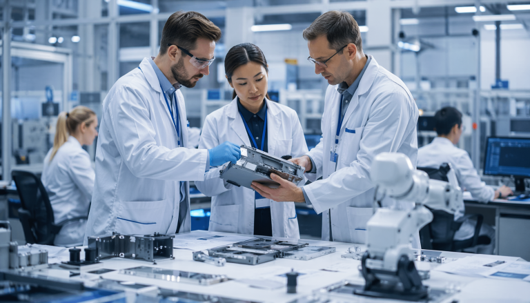 Hardware manufacturing and NPI process scene, professional industrial photography