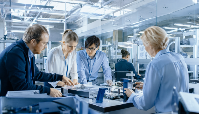 Hardware manufacturing and NPI process scene, professional industrial photography