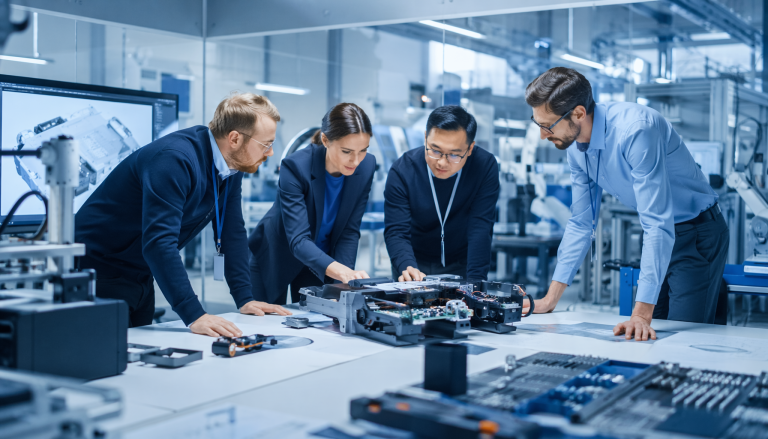 Hardware manufacturing and NPI process scene, professional industrial photography
