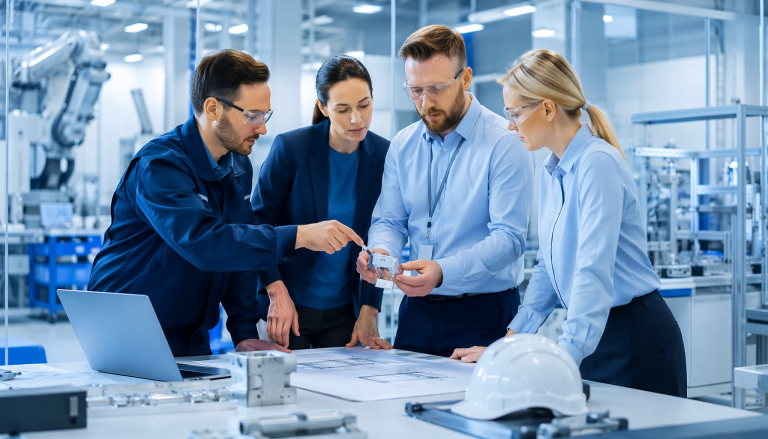 Hardware manufacturing and NPI process scene, professional industrial photography