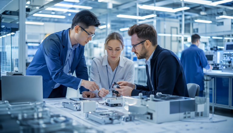 Hardware manufacturing and NPI process scene, professional industrial photography