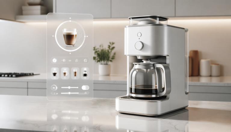 Modern smart coffee maker on kitchen counter with app interface, consumer electronics concept