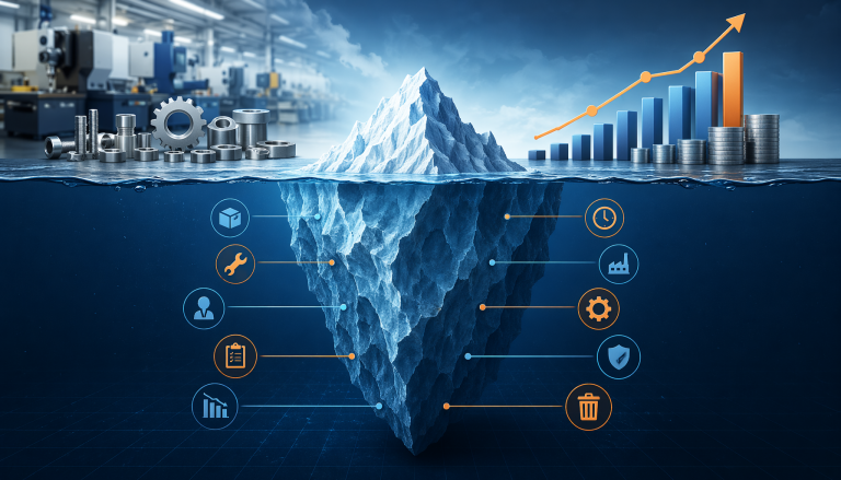 Hidden manufacturing costs analysis iceberg concept, financial management in hardware production