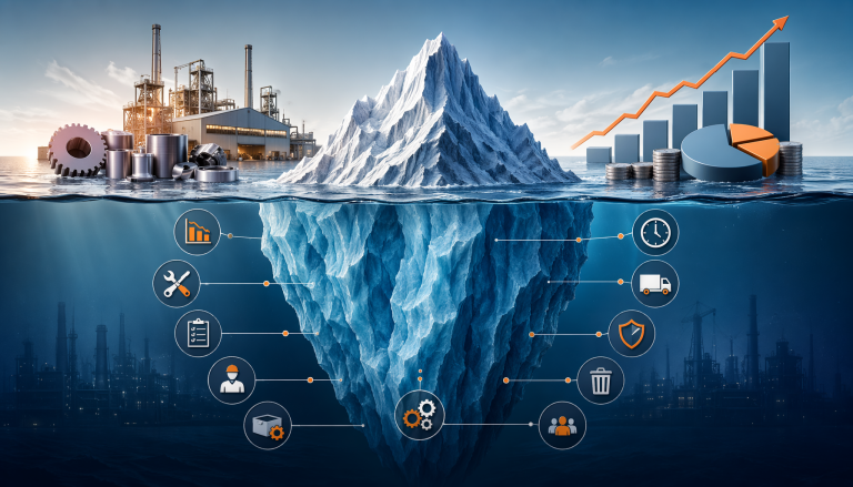 Hidden manufacturing costs analysis iceberg concept, financial management in hardware production