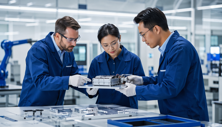Hardware manufacturing and NPI process scene, professional industrial photography