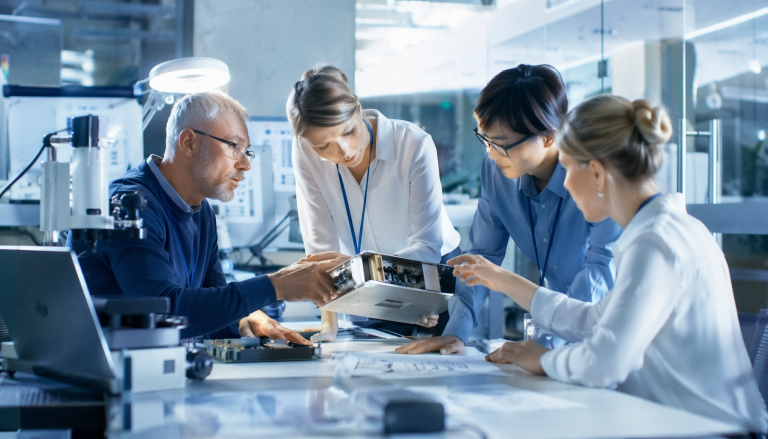 Hardware manufacturing and NPI process scene, professional industrial photography